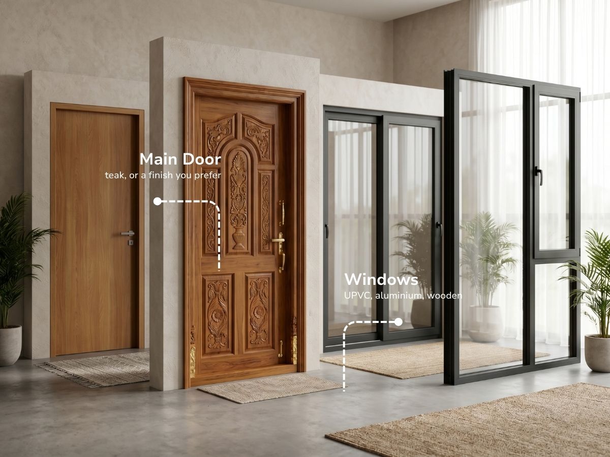 Door and window options — teak main door, UPVC and aluminium windows