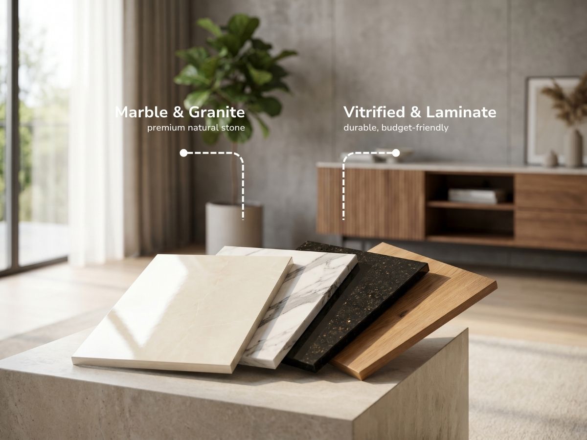 Flooring options — marble, granite, vitrified tiles and wooden laminate
