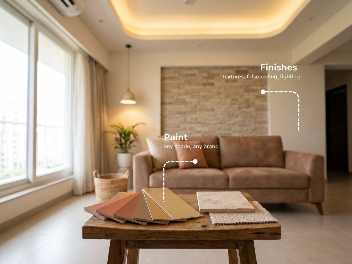 Paint and interior finish options — textures, false ceiling and lighting