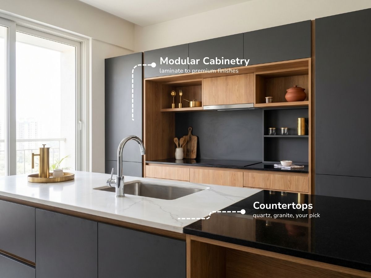 Modular kitchen finishes — cabinetry and quartz or granite countertops